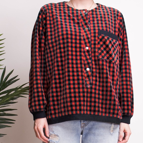 SALE Vintage checkered plaid velvet boxy top - Picture 6 of 8
